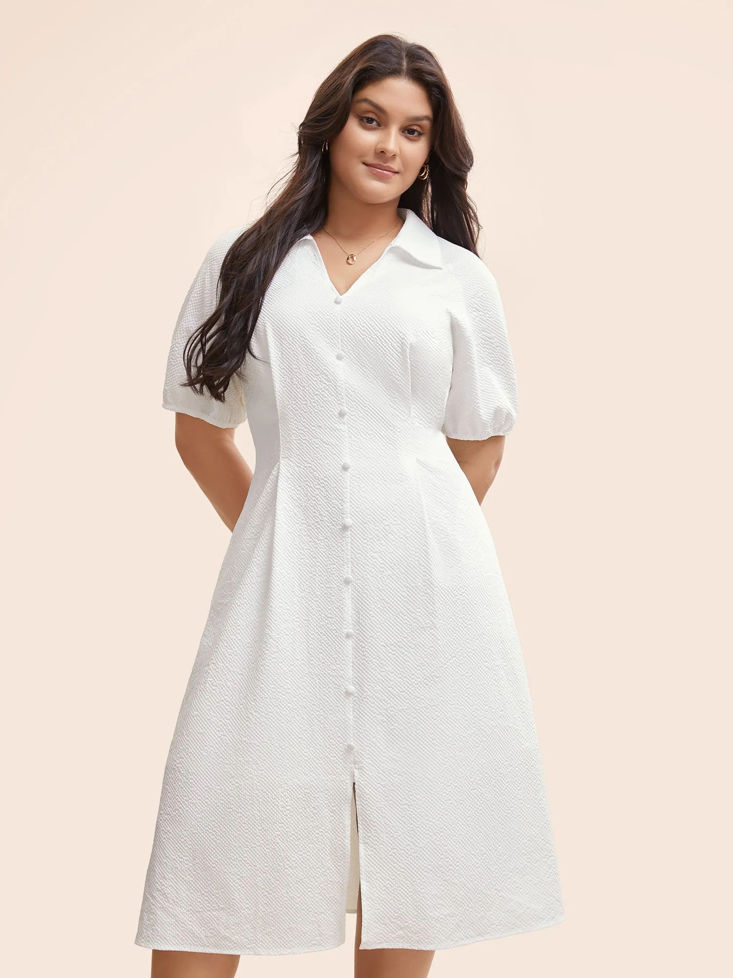 Texture Shirt Collar Button Detail Split Front Dress sold by Bloomchic product image thumbnail 2