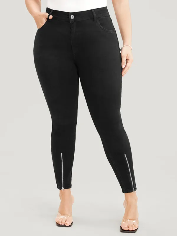 Moderately Stretchy High Rise Dark Wash Zipper Hem Jeans sold by Bloomchic