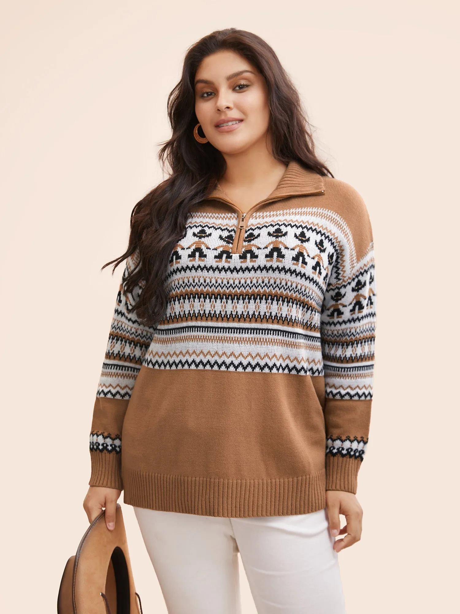Fair Isle Half Zipper Design Pullover sold by Bloomchic