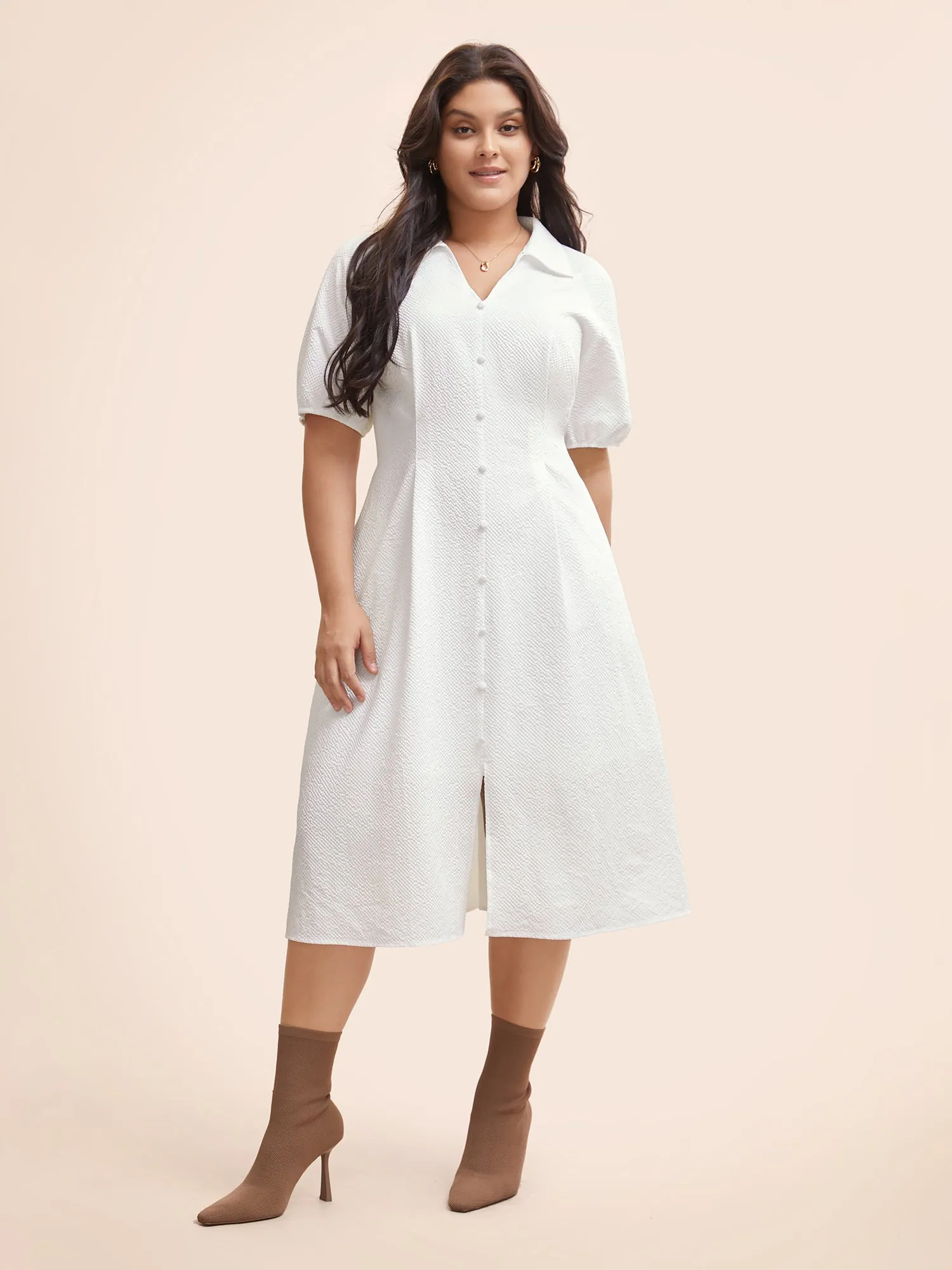 Texture Shirt Collar Button Detail Split Front Dress sold by Bloomchic