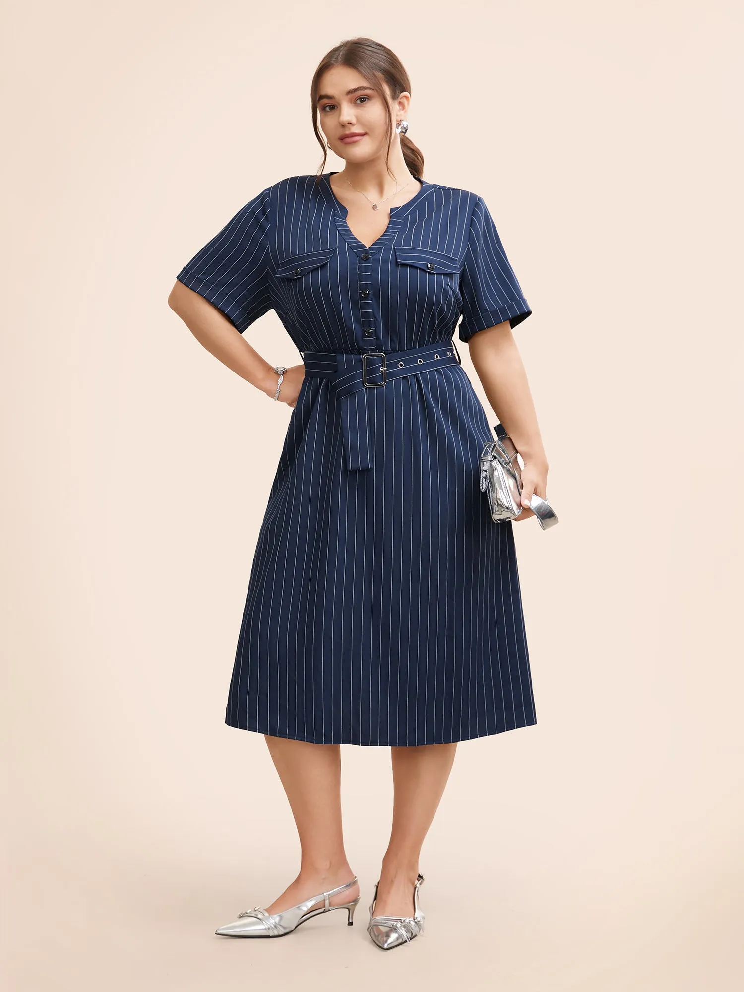 Striped Notched Button Detail Belted Dress sold by Bloomchic product image thumbnail 2