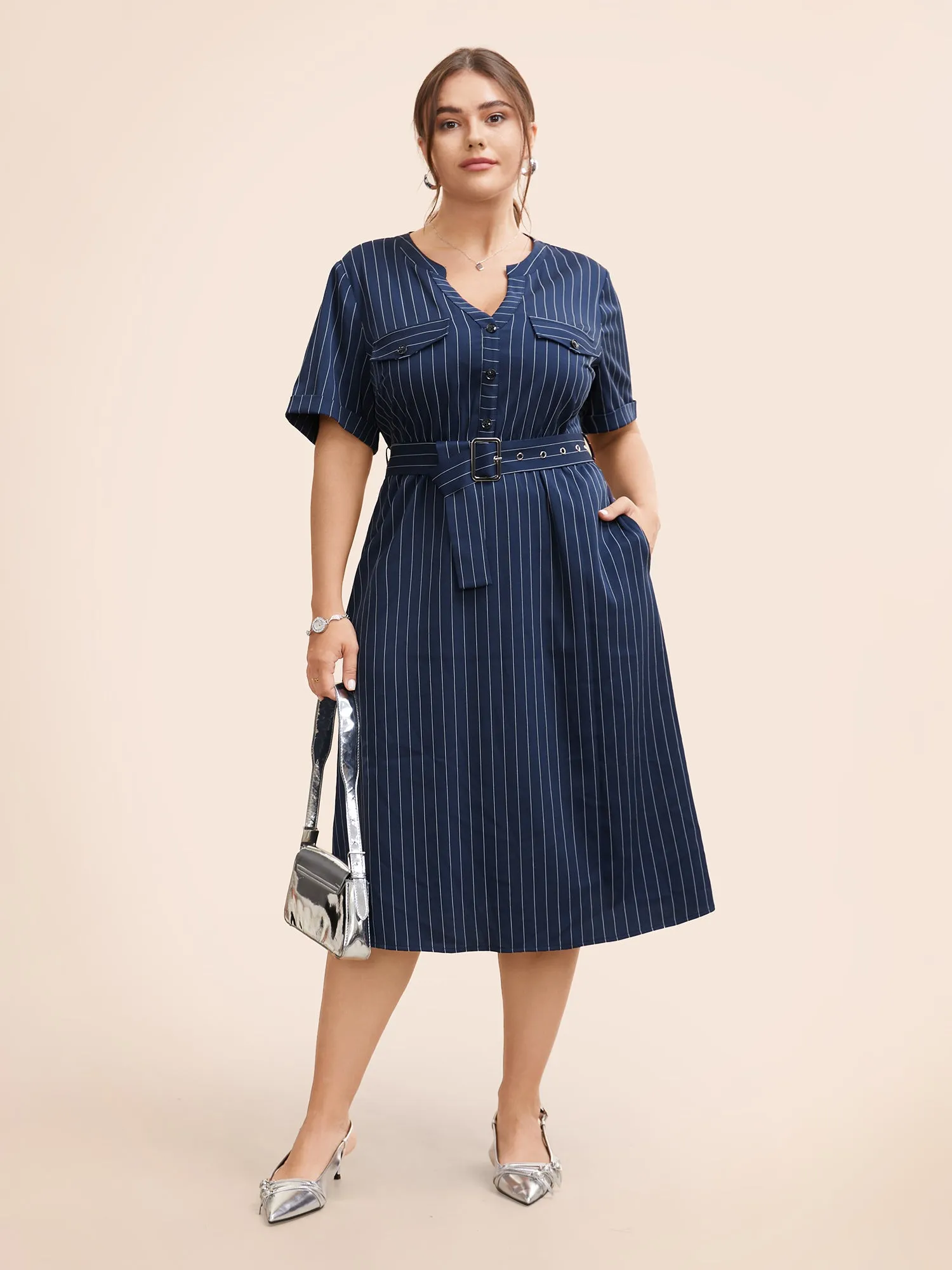 Striped Notched Button Detail Belted Dress sold by Bloomchic