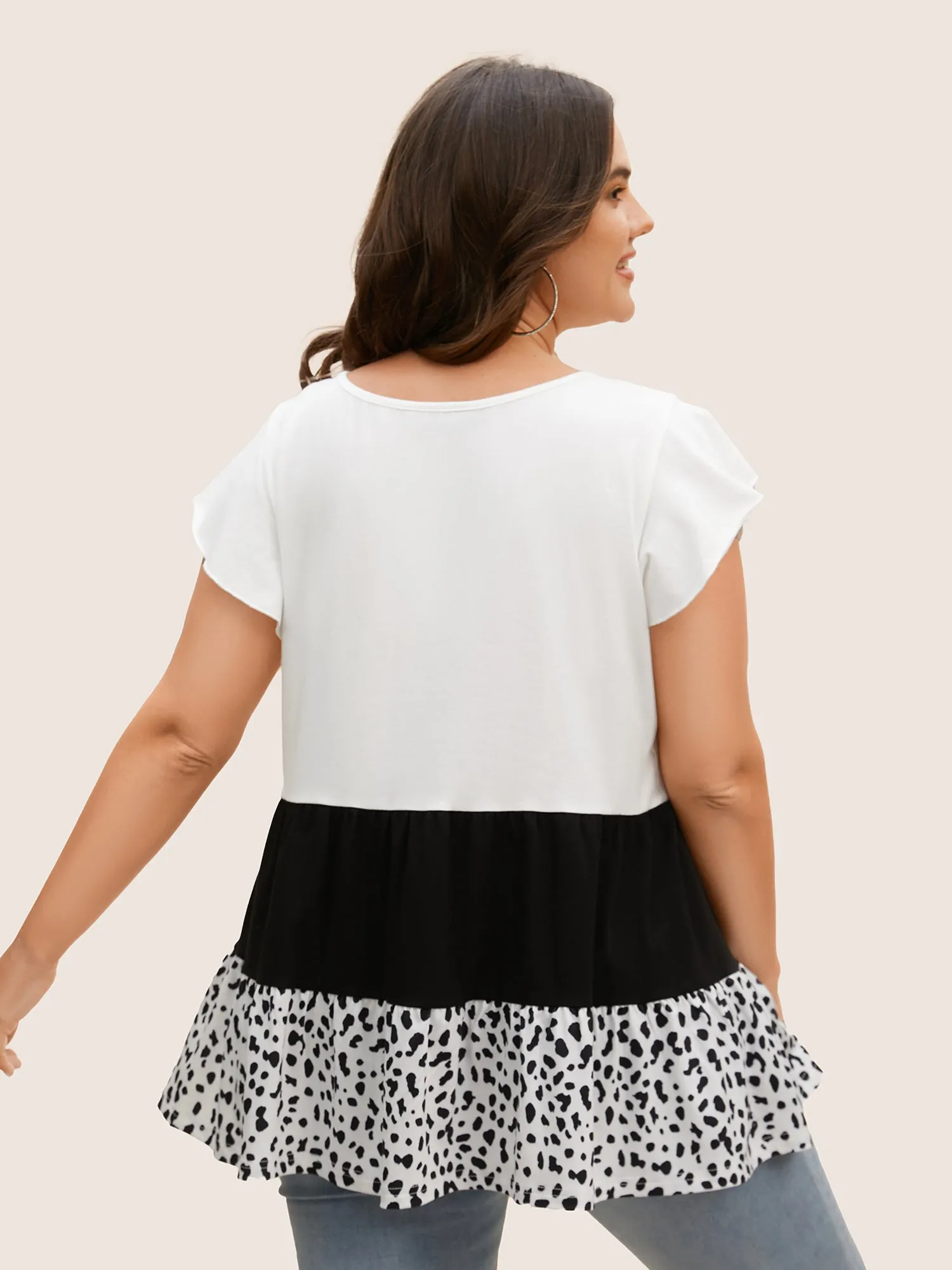 Leopard Patchwork Contrast Flutter Sleeve T-shirt sold by Bloomchic product image thumbnail 2