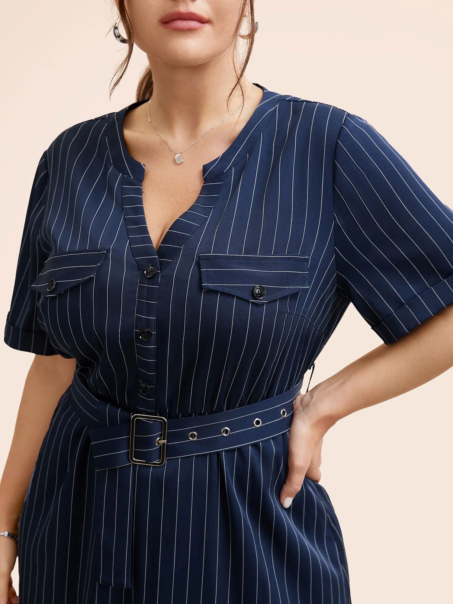 Striped Notched Button Detail Belted Dress sold by Bloomchic product image thumbnail 4