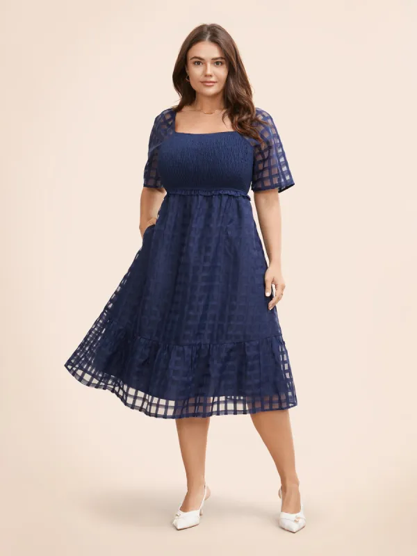 Gingham Texture Shirred Frill Trim Dress sold by Bloomchic