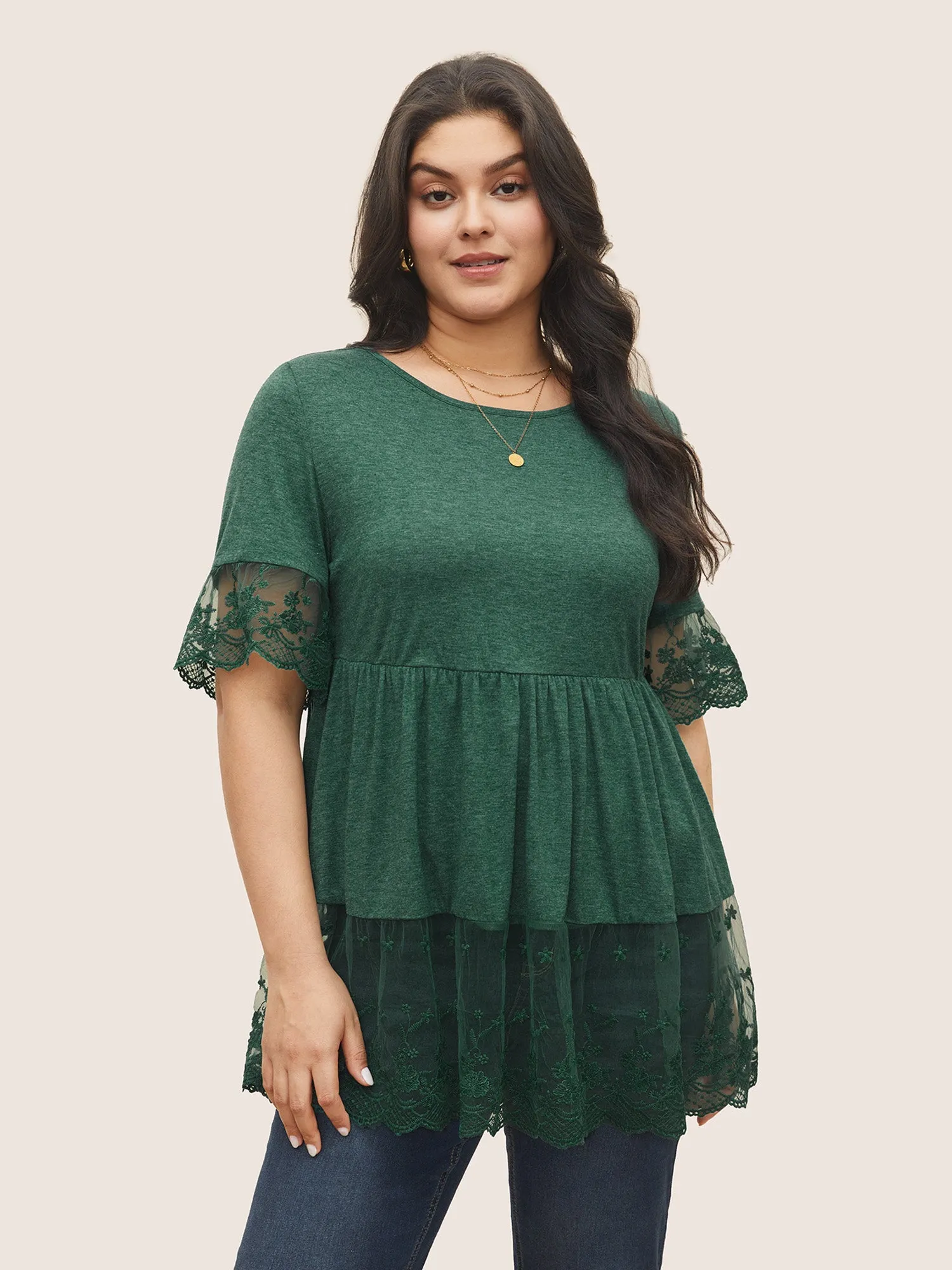 Crochet Lace Mesh Knit Ruffle Layered Hem Top sold by Bloomchic