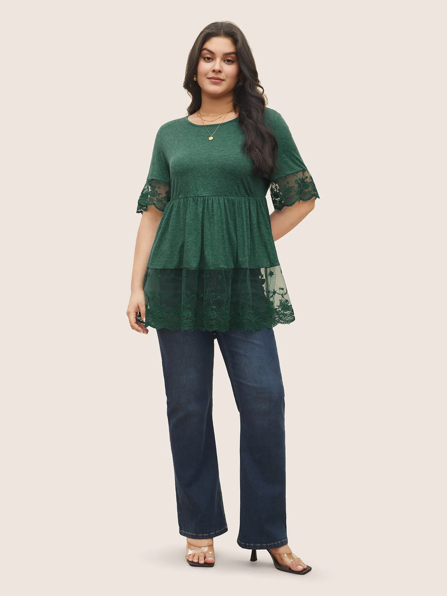 Crochet Lace Mesh Knit Ruffle Layered Hem Top sold by Bloomchic product image thumbnail 3