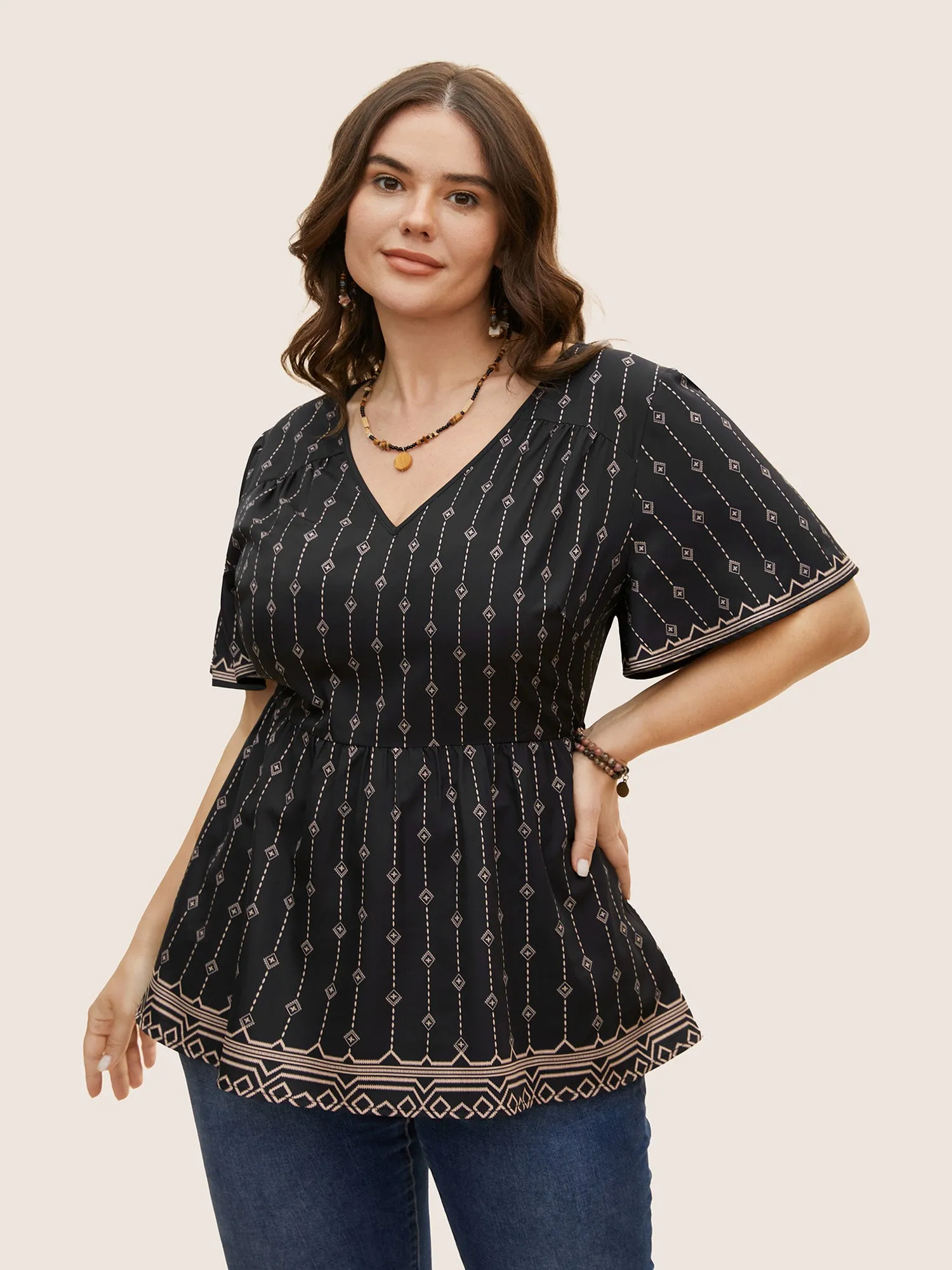 V Neck Boho Print Flutter Sleeve Blouse sold by Bloomchic