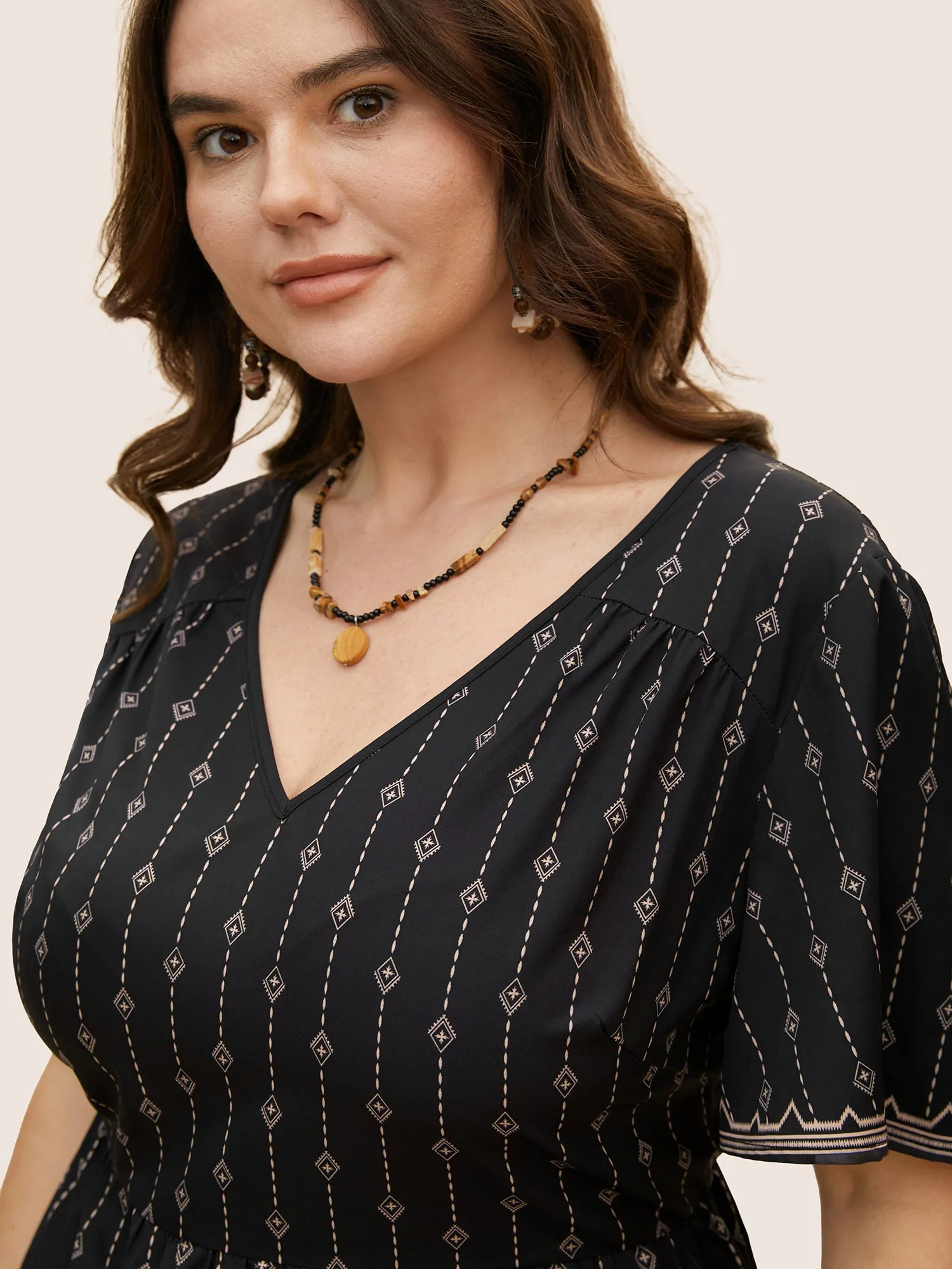 V Neck Boho Print Flutter Sleeve Blouse sold by Bloomchic product image thumbnail 3