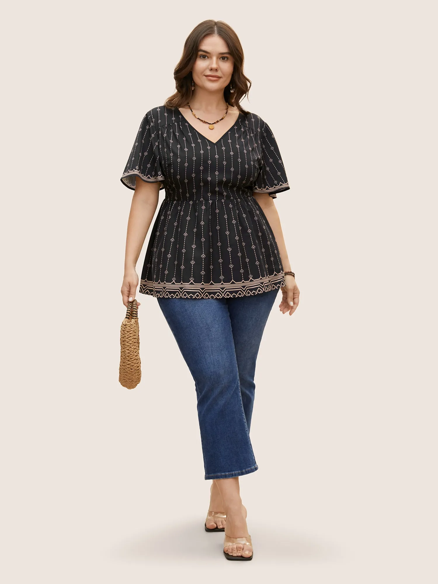 V Neck Boho Print Flutter Sleeve Blouse sold by Bloomchic product image thumbnail 2