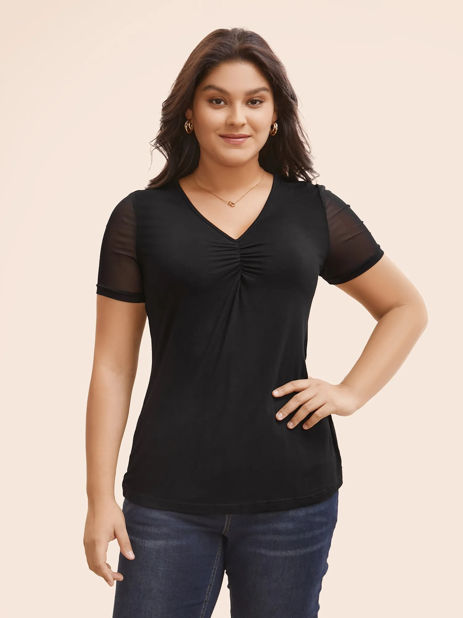 V Neck Mesh Patchwork Ruched T-shirt sold by Bloomchic