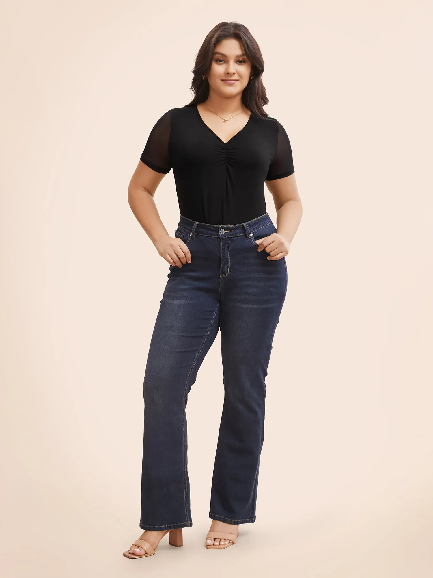 V Neck Mesh Patchwork Ruched T-shirt sold by Bloomchic product image thumbnail 3