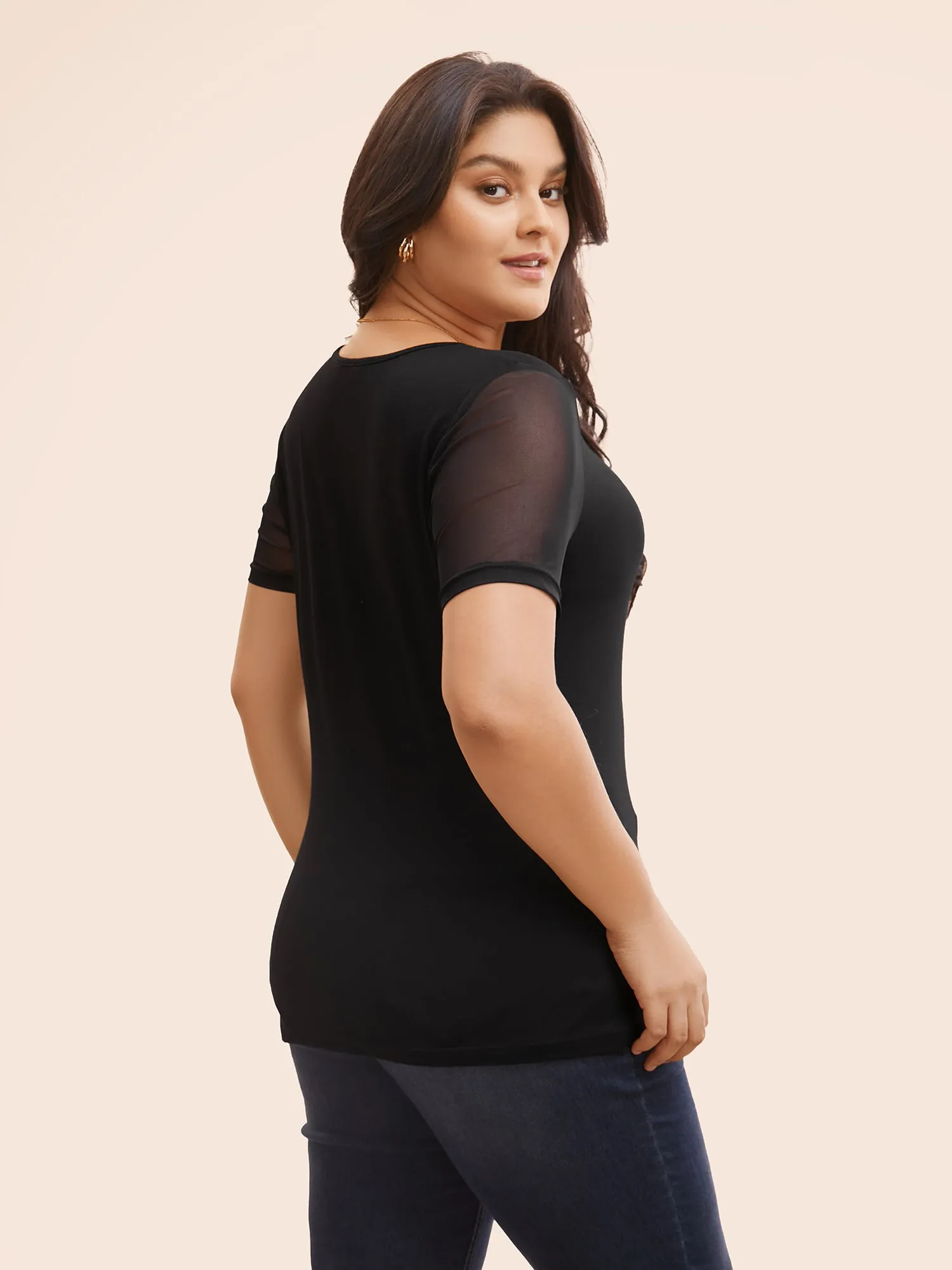 V Neck Mesh Patchwork Ruched T-shirt sold by Bloomchic product image thumbnail 2