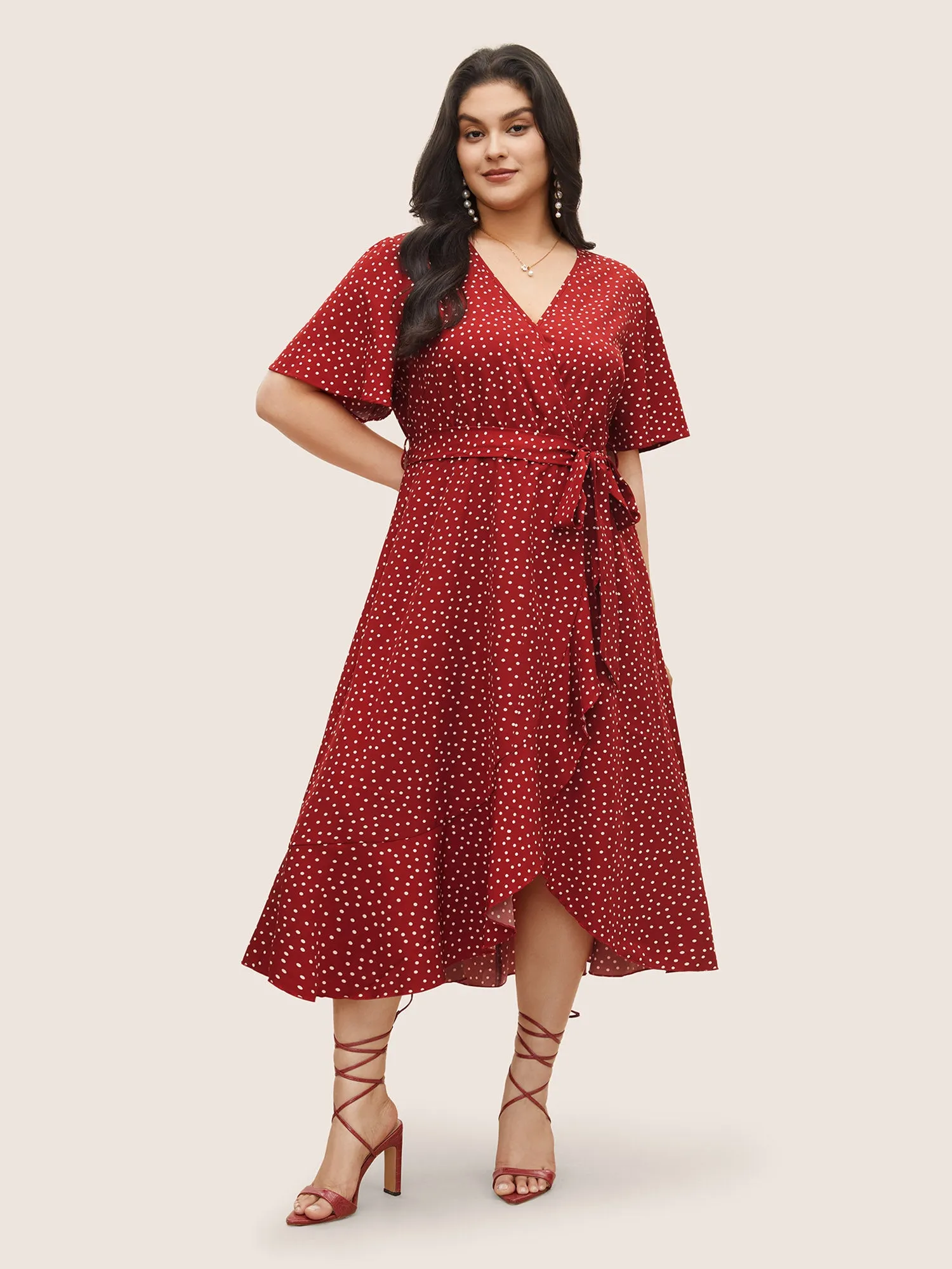 Polka Dot Surplice Neck Belted Arc Hem Dress sold by Bloomchic product image thumbnail 2