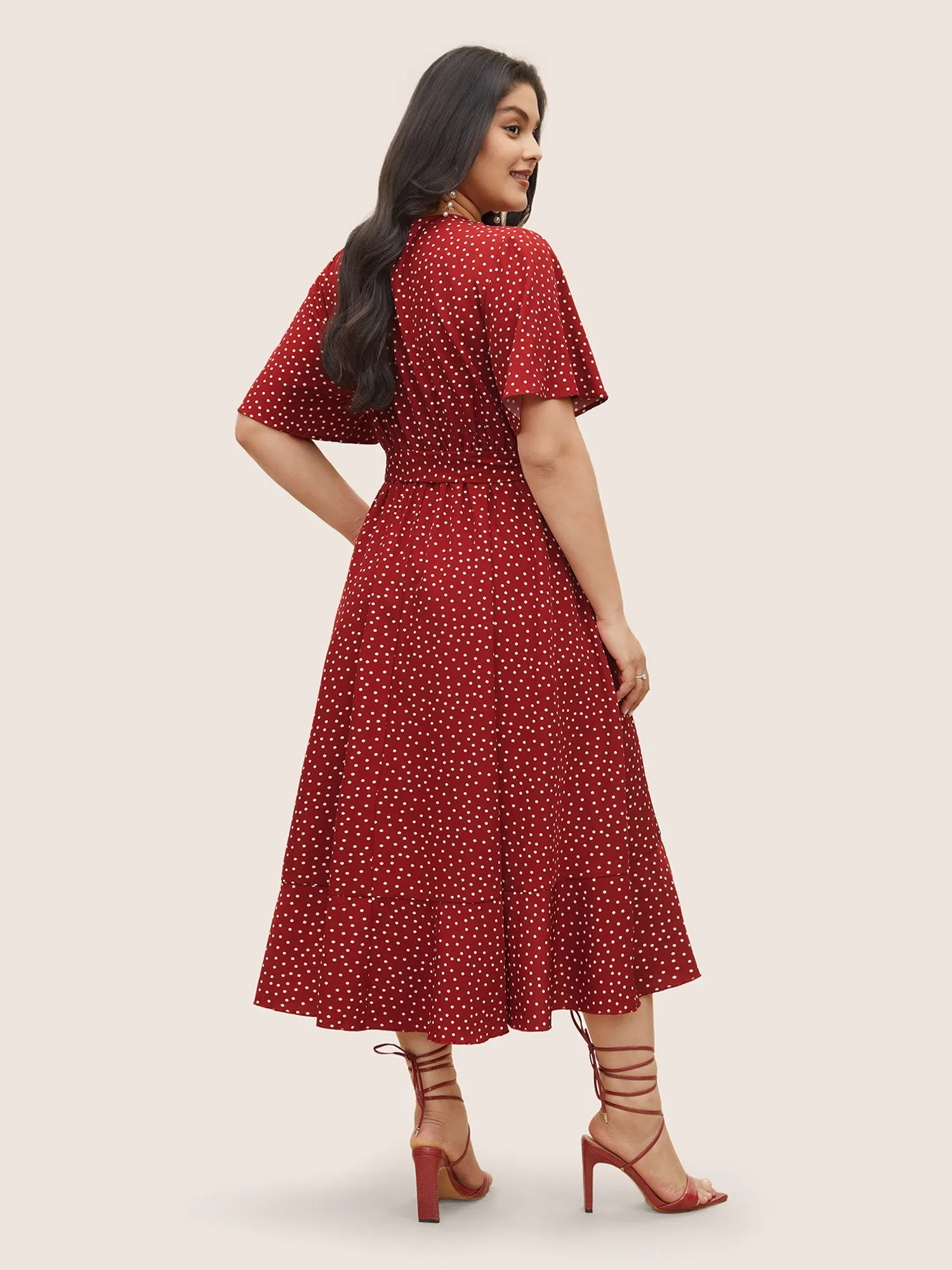 Polka Dot Surplice Neck Belted Arc Hem Dress sold by Bloomchic product image thumbnail 3