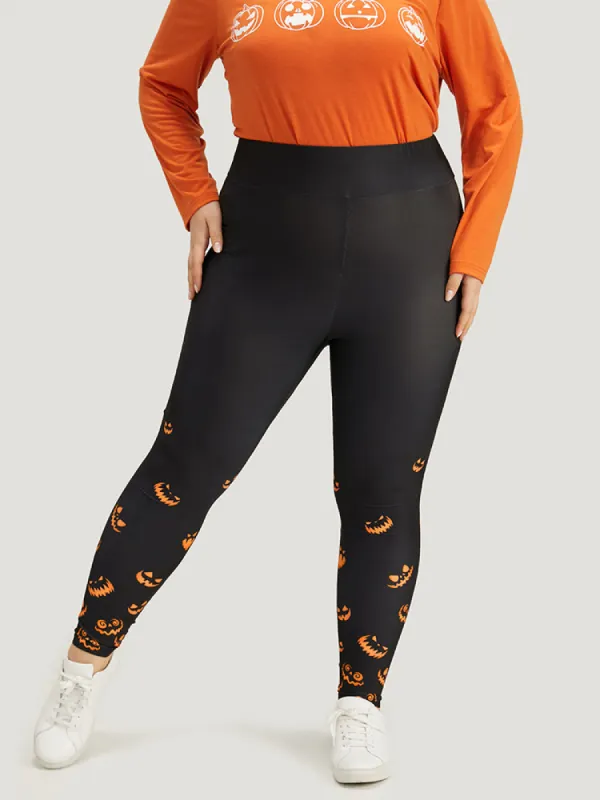 Halloween Pumpkin Print Wideband Waist Leggings sold by Bloomchic