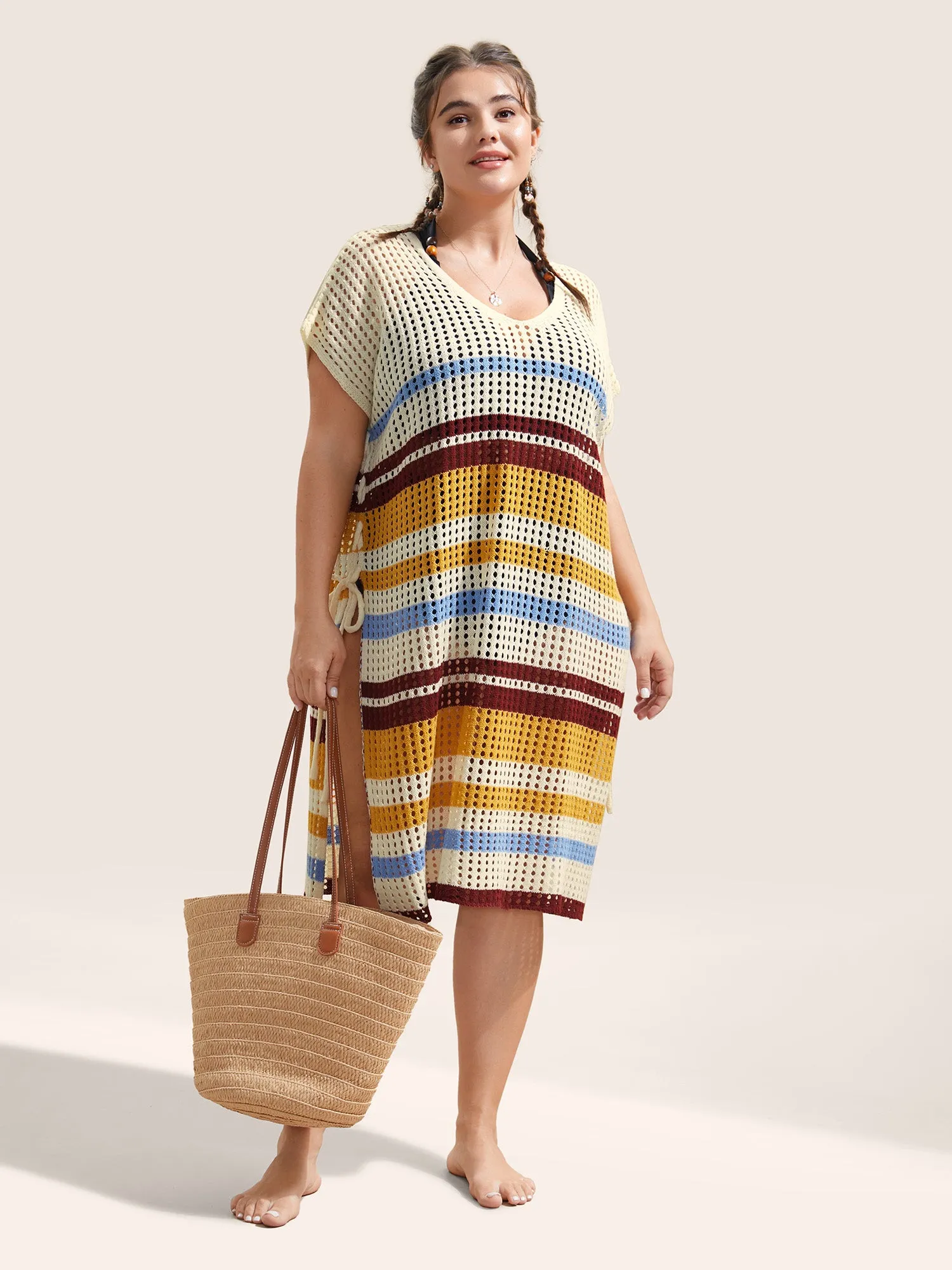 Contrast Hollow Out Ties Batwing Sleeve Swim Cover Up sold by Bloomchic