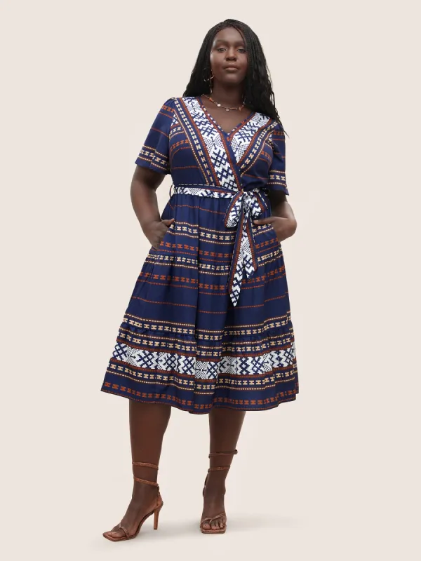 Boho Print Wrap Flutter Sleeve Belted Dress sold by Bloomchic