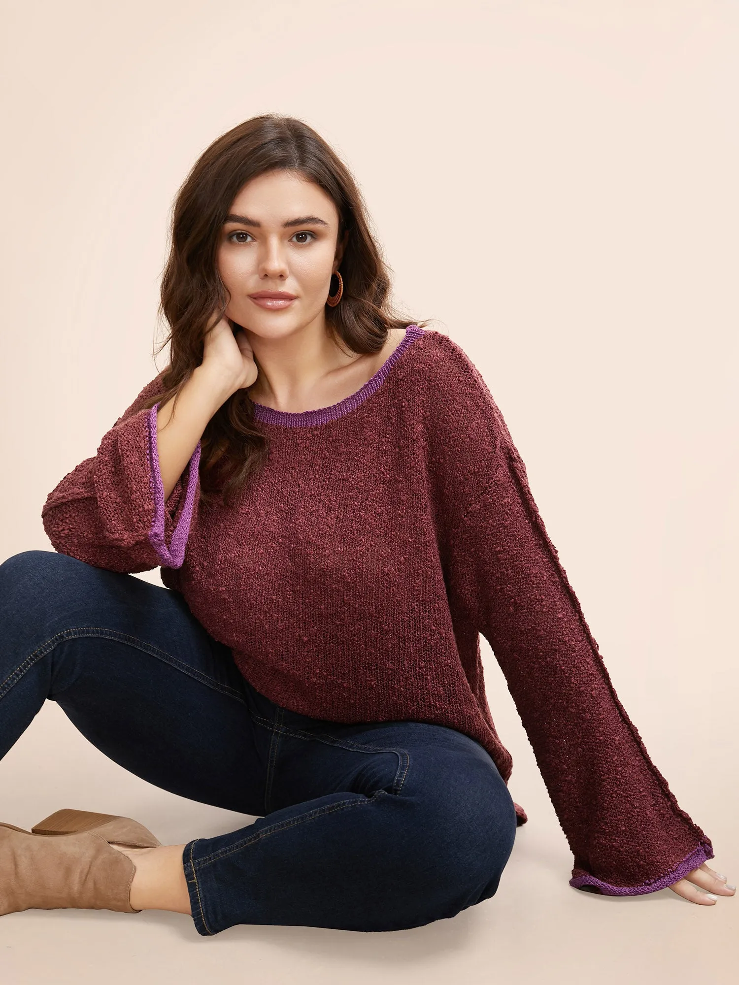 Contrast Trim Boat Neck Texture Pullover sold by Bloomchic