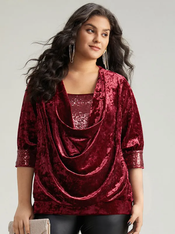 Cowl Neck 2-In-1 Sequin Patchwork Blouse made by Bloomchic