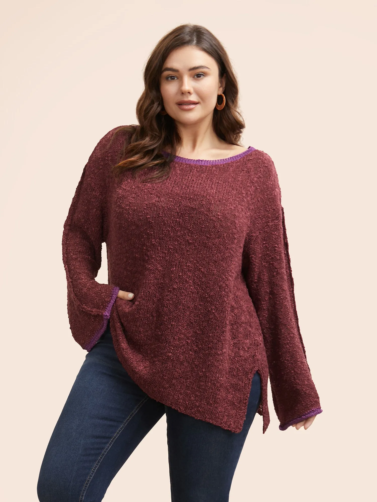 Contrast Trim Boat Neck Texture Pullover sold by Bloomchic product image thumbnail 3