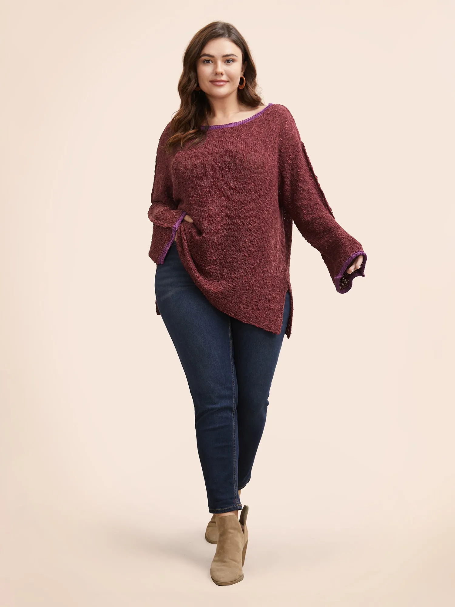 Contrast Trim Boat Neck Texture Pullover sold by Bloomchic product image thumbnail 4