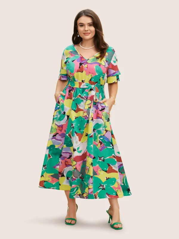 Contrast Floral Tiered Ruffle Sleeve Dress sold by Bloomchic