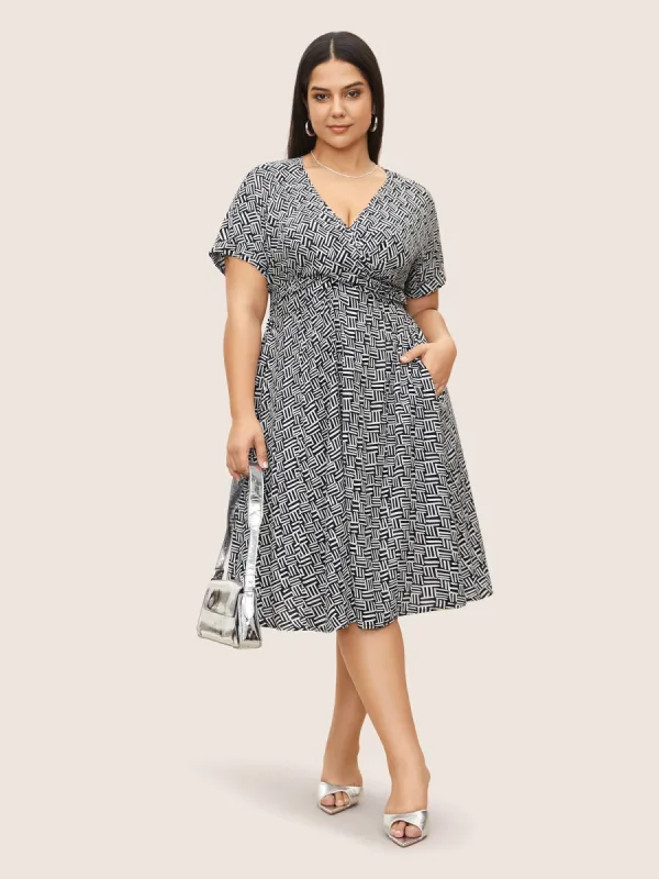 Rayon Geometric Overlap Collar Ties Dress sold by Bloomchic