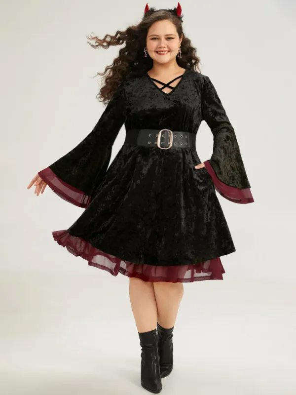 Halloween Velvet Contrast Layered Crisscross Neck Dress sold by Bloomchic
