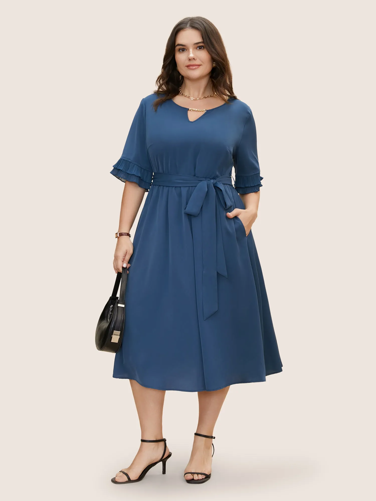 Plain Keyhole Metal Chain Detail Tiered Ruffles Dress sold by Bloomchic