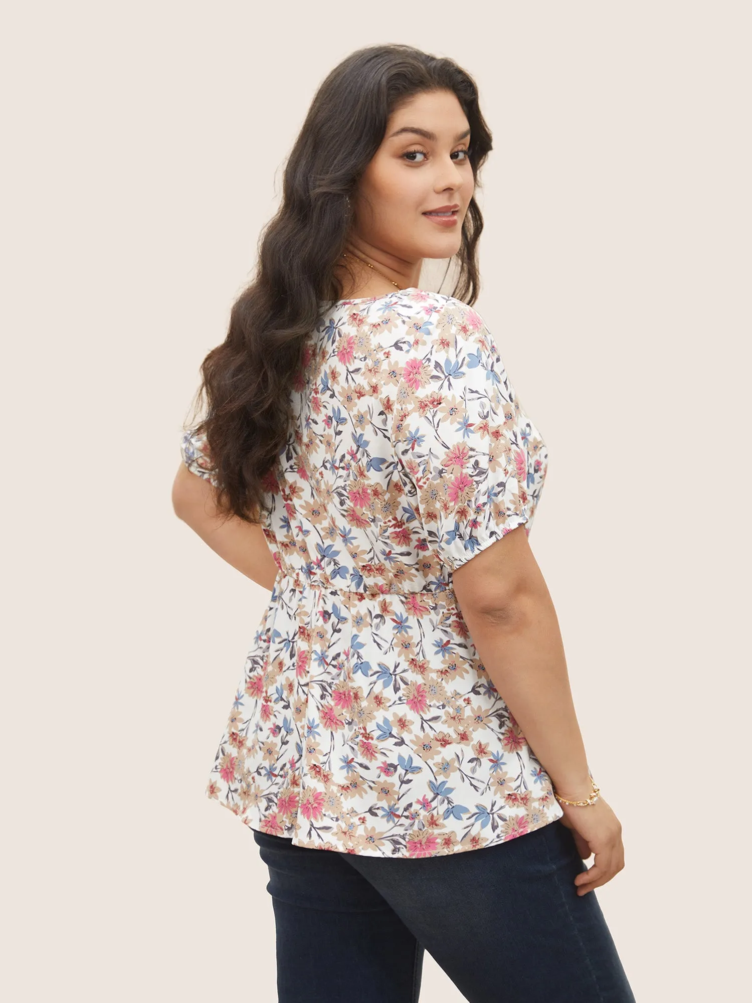 Floral Lace Up Gathered Lantern Sleeve Blouse sold by Bloomchic product image thumbnail 5