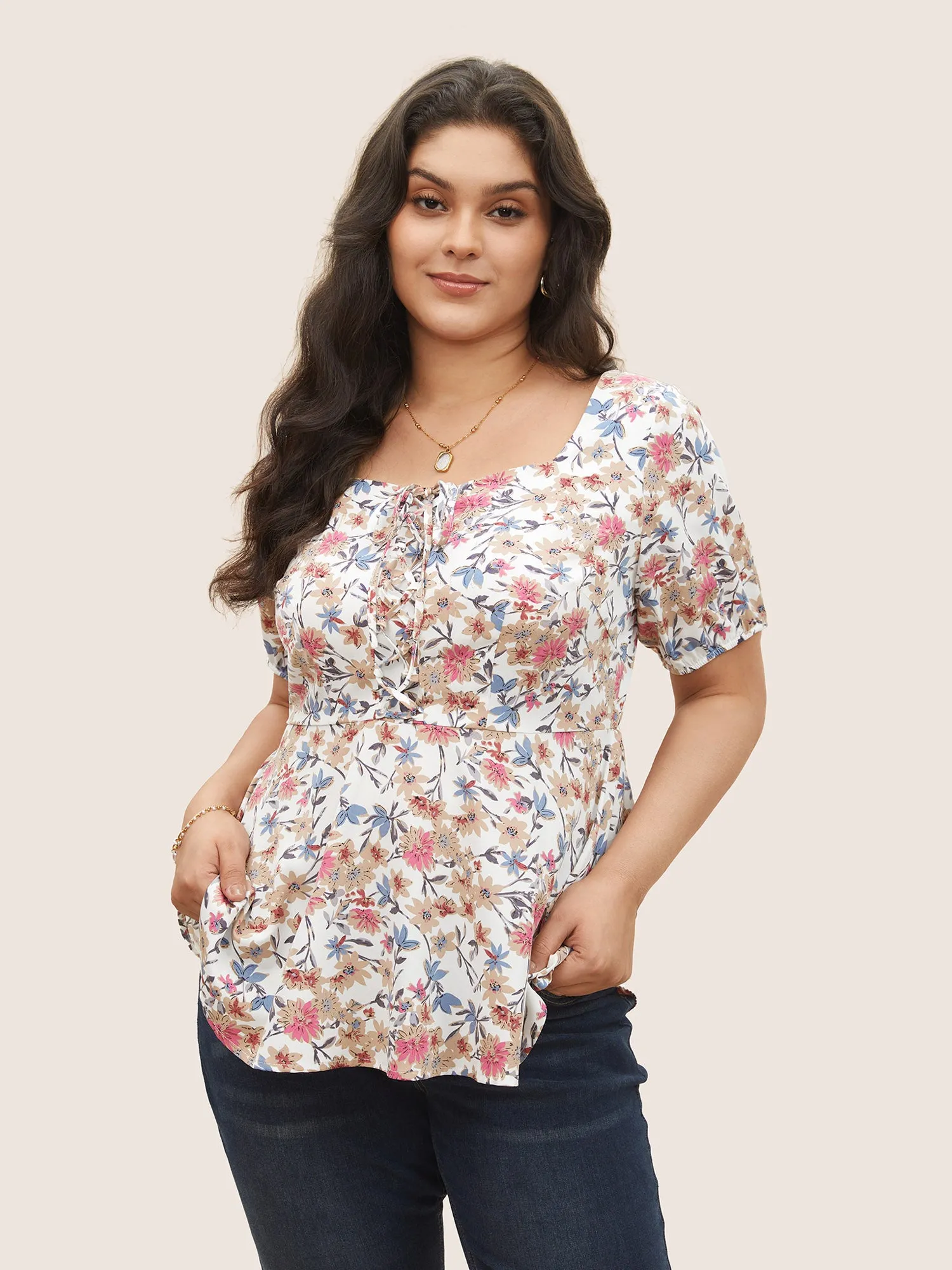 Floral Lace Up Gathered Lantern Sleeve Blouse sold by Bloomchic