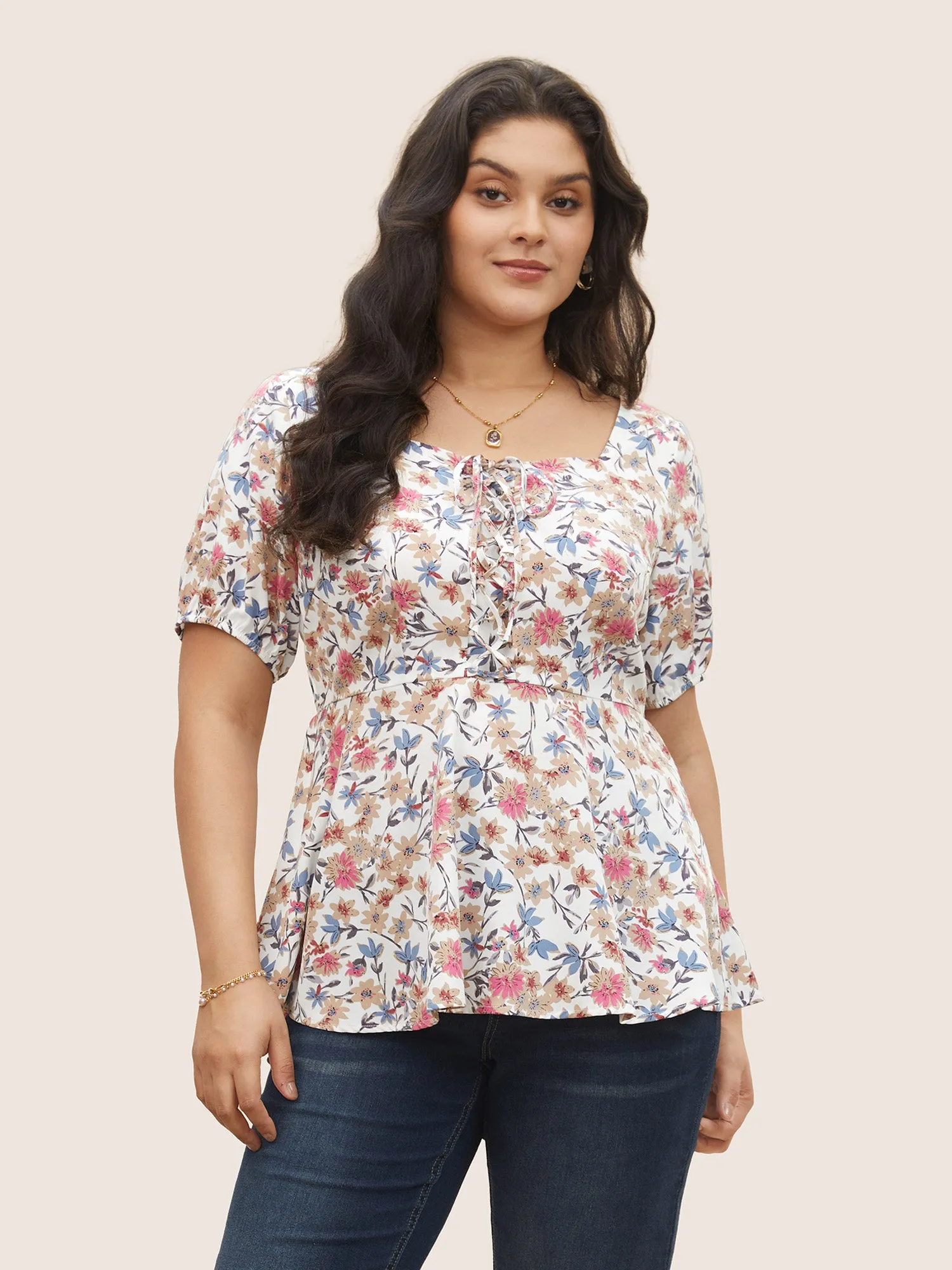 Floral Lace Up Gathered Lantern Sleeve Blouse sold by Bloomchic product image thumbnail 4