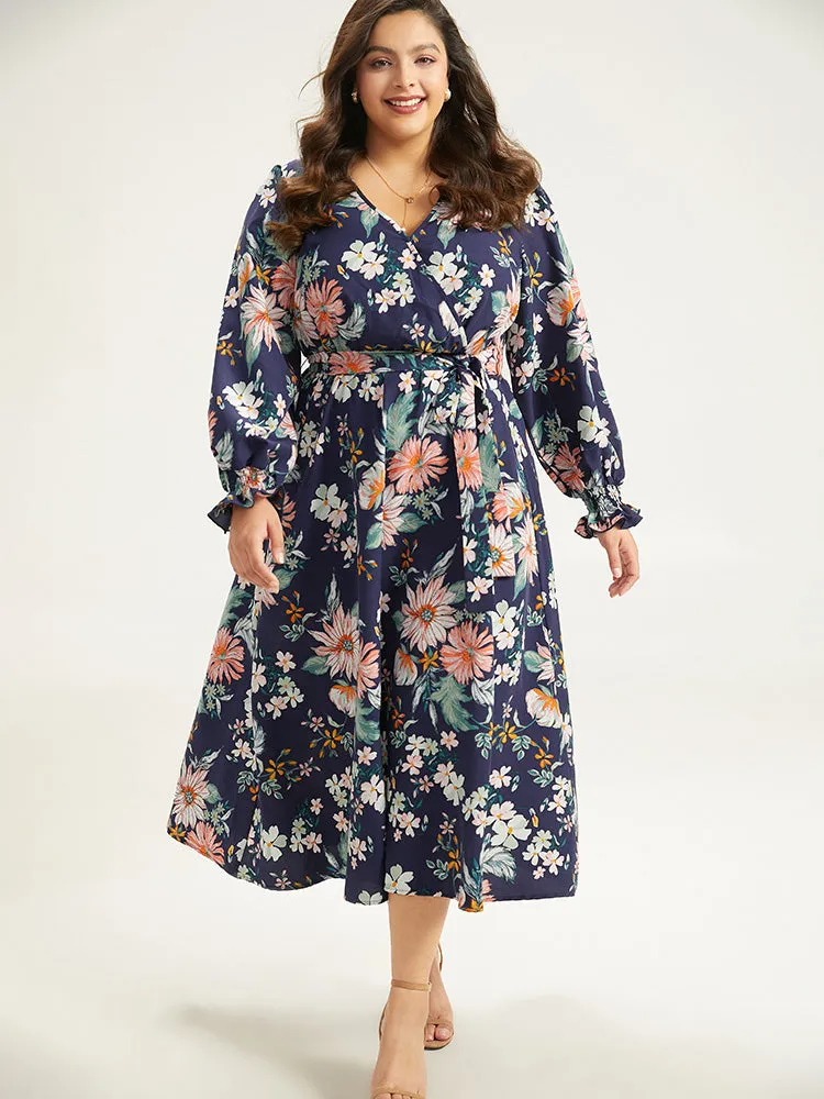 Floral Print Overlap Collar Shirred Dress sold by Bloomchic