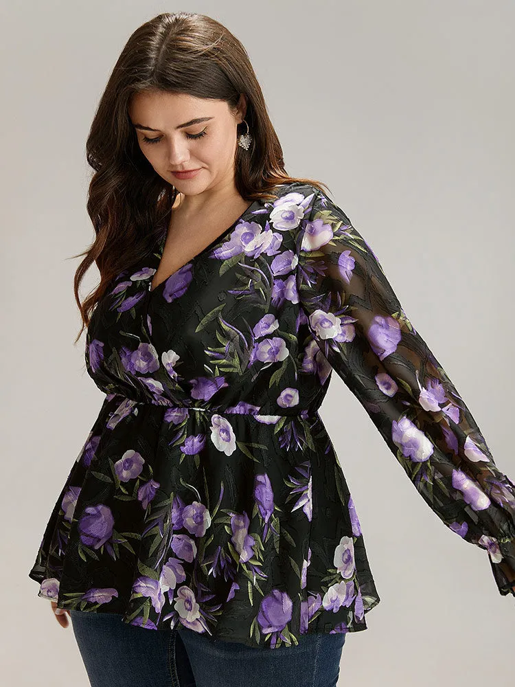 Chiffon Floral Mesh Wrap Ruffle Hem Blouse sold by Bloomchic product image thumbnail 3