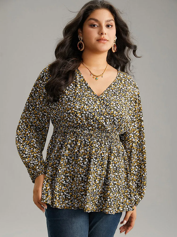 Ditsy Floral Lantern Sleeve Shirred Blouse sold by Bloomchic