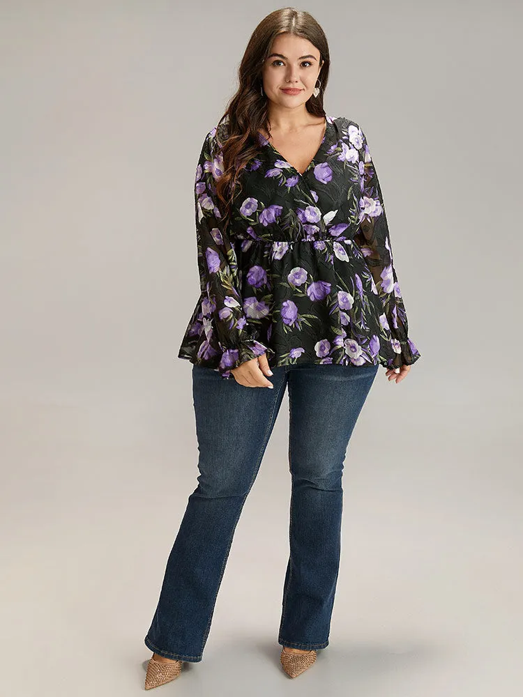 Chiffon Floral Mesh Wrap Ruffle Hem Blouse sold by Bloomchic product image thumbnail 4