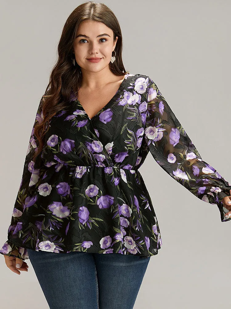 Chiffon Floral Mesh Wrap Ruffle Hem Blouse sold by Bloomchic