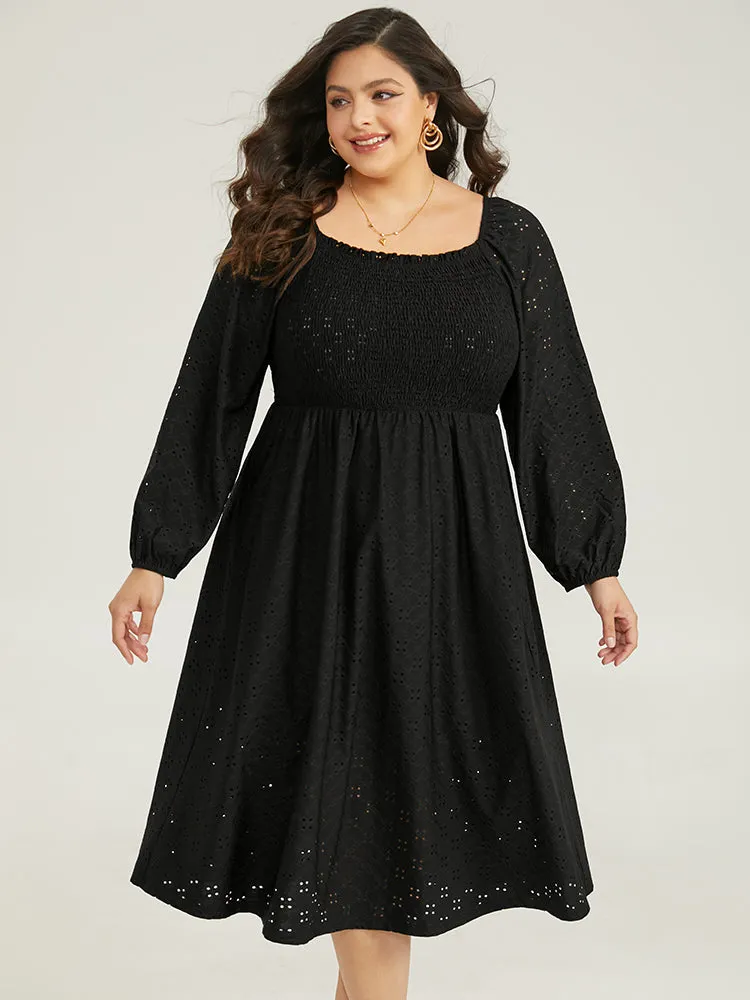 Plain Square Neck Laser Cut Lantern Sleeve Dress sold by Bloomchic