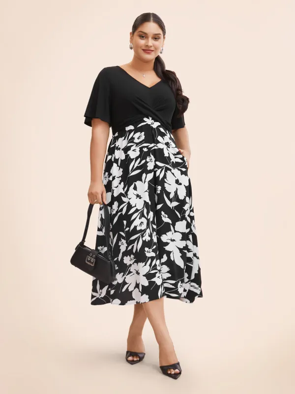 Silhouette Floral Print Patchwork Crossover Pocket Dress sold by Bloomchic