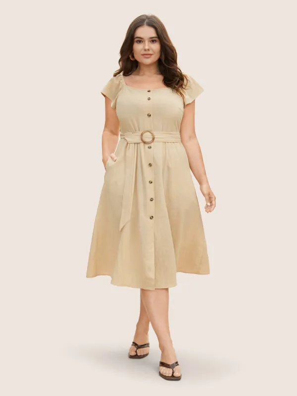Cotton Solid Buckle Detail Ruffle Cap Sleeve Dress sold by Bloomchic