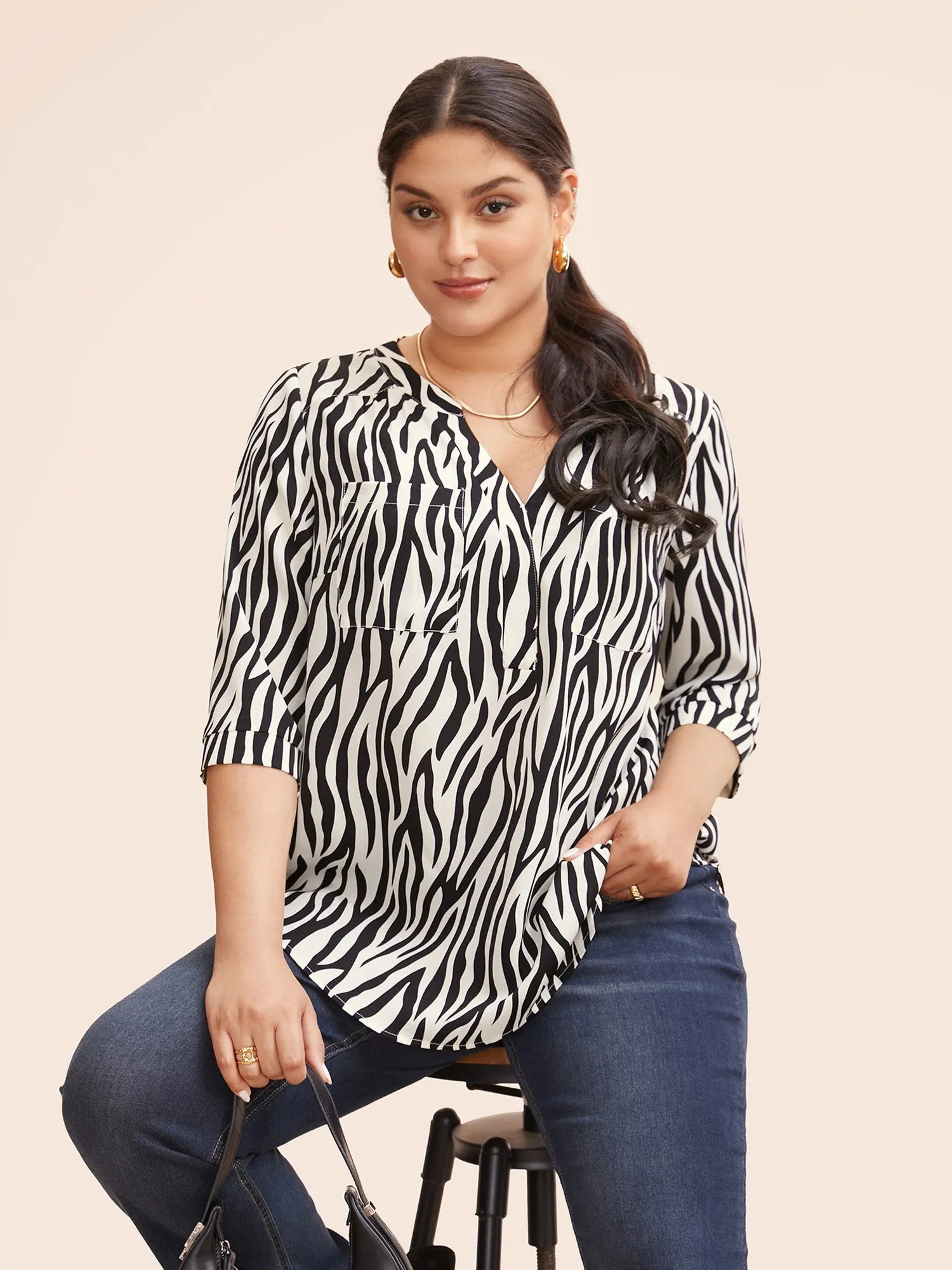 Zebra Print Notched Patched Pocket Blouse sold by Bloomchic product image thumbnail 5