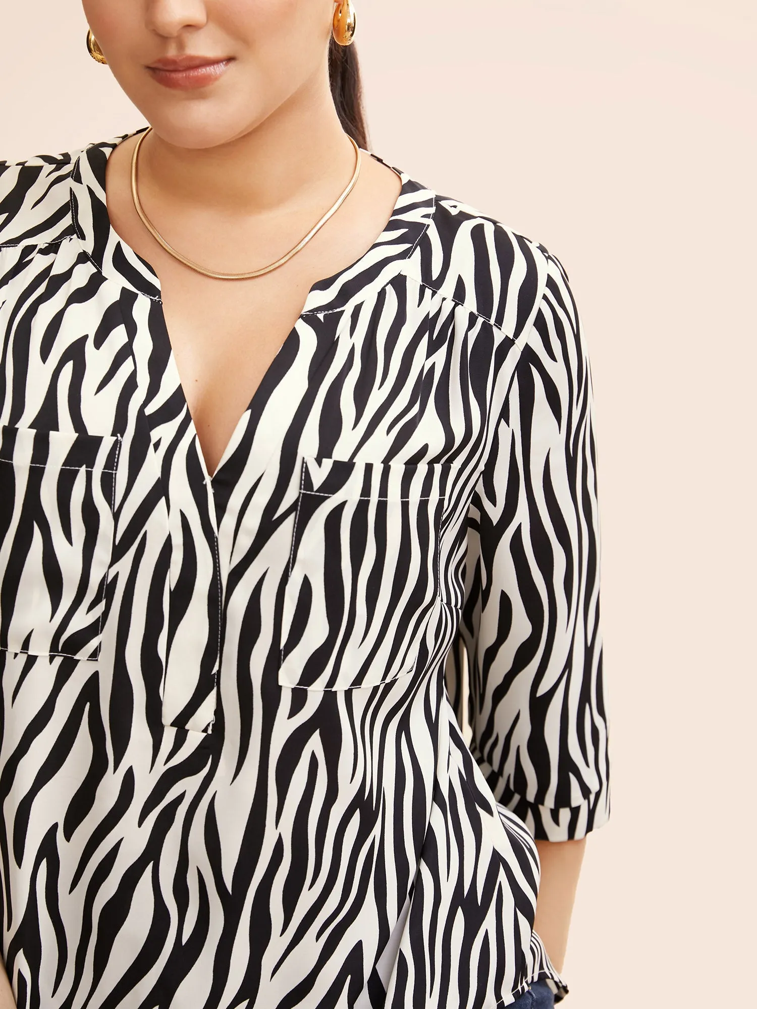 Zebra Print Notched Patched Pocket Blouse sold by Bloomchic product image thumbnail 3