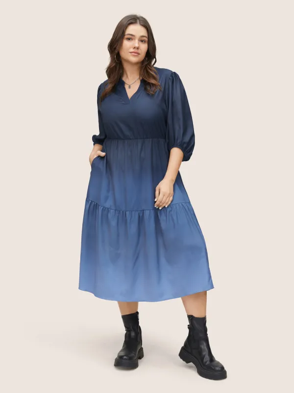 Ombre Gathered Layered Notched Elastic Cuffs Dress made by Bloomchic