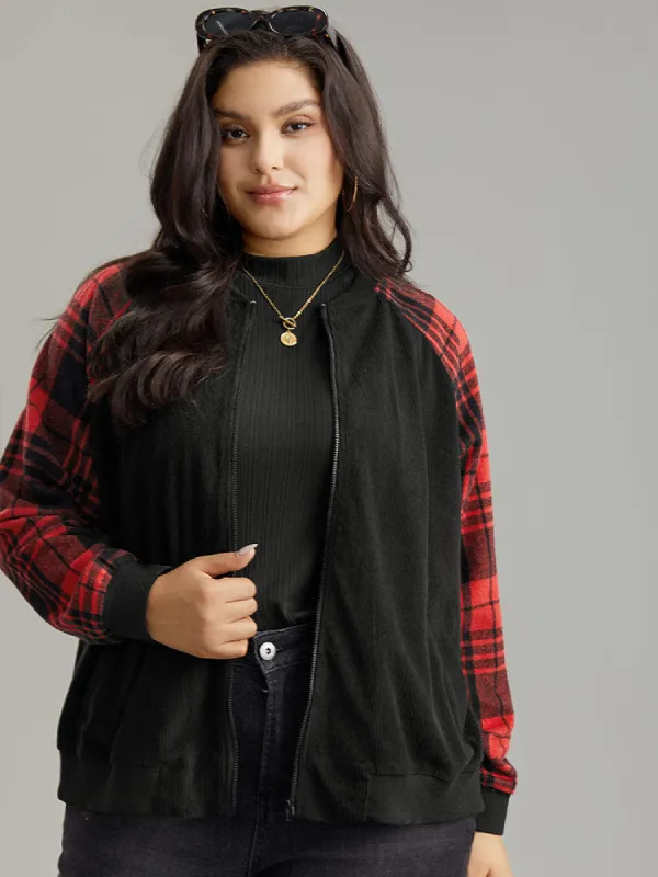 Plaid Patchwork Zipper Pocket Bomber Jacket sold by Bloomchic