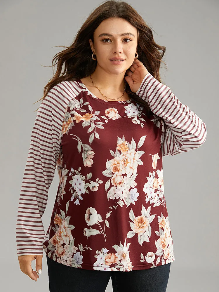 Striped Patchwork Floral Print T-shirt sold by Bloomchic