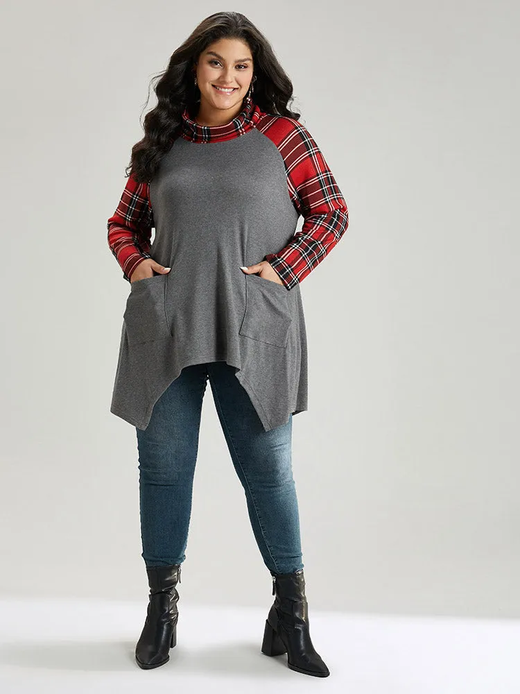 Christmas Plaid Pocket Patchwork Asymmetrical Hem T-shirt sold by Bloomchic product image thumbnail 5