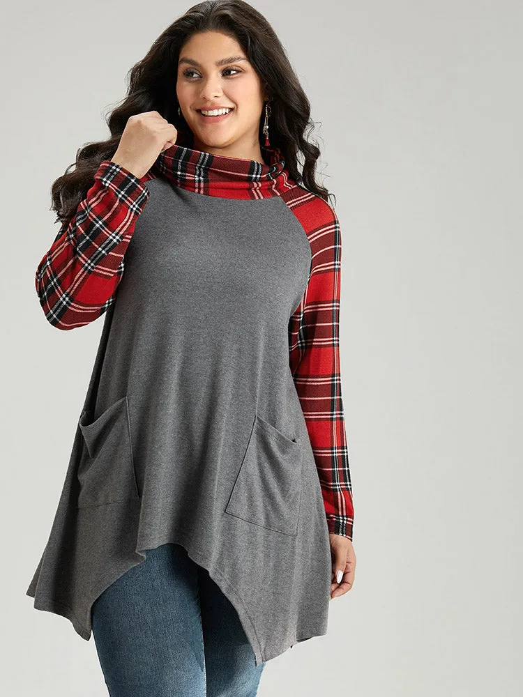 Christmas Plaid Pocket Patchwork Asymmetrical Hem T-shirt sold by Bloomchic
