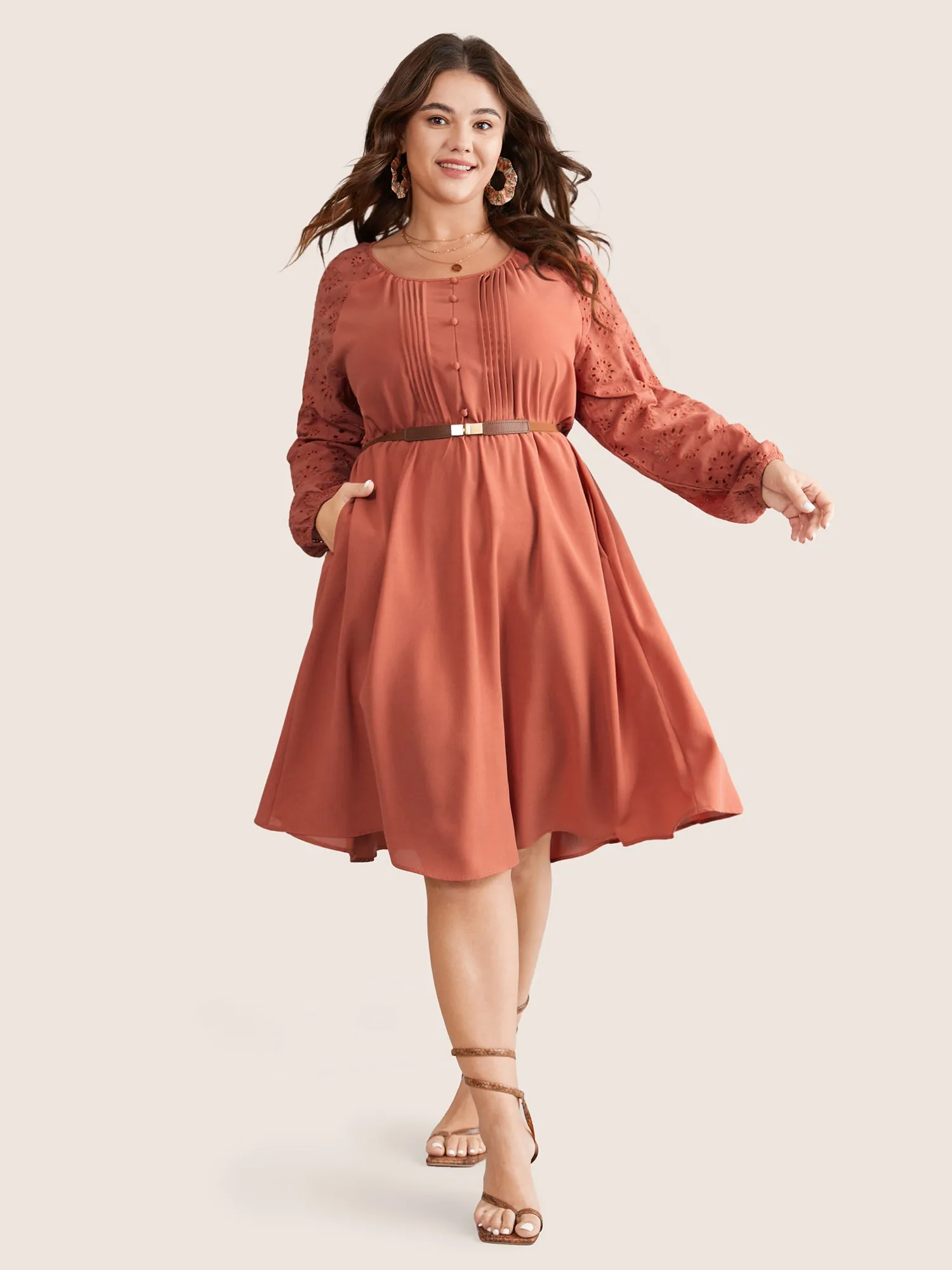 Pleated Laser Cut Button Front Dress sold by Bloomchic