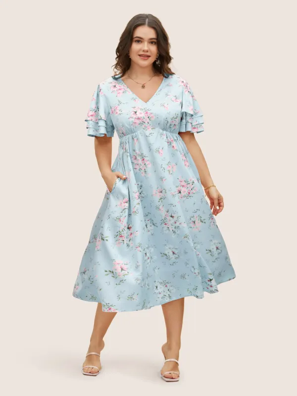 Floral Elastic Waist Tiered Ruffle Sleeve Dress sold by Bloomchic